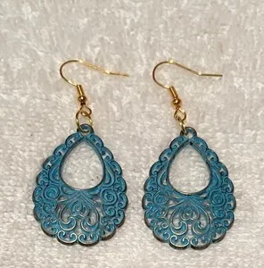 Authentic Goldtone Filigree Teardrop w/Patina Earrings w/Gold Plated Earwires Handmade