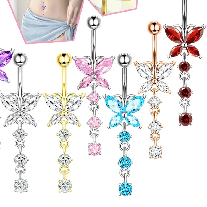 Authentic 14GA Golden Butterfly with Dangling Flower 316L Navel Belly Button Ring Piercing Jewelry