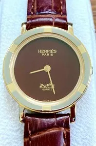 Authentic HERMES Poursang Bordeaux Dial Horse Logo Quartz Ladies Watch Gold Plated 25mm
