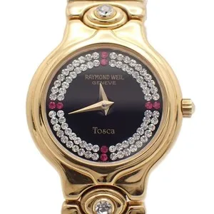 Authentic Raymond Weil Tosca Quartz Ladies Watch 18K Gold Plated Stone Inlaid Black Dial 9