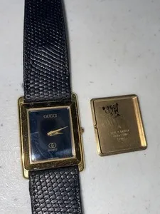 Authentic Damaged Elegant VTG Gucci Ladies Gold Plated Swiss Tank Watch Croc Band