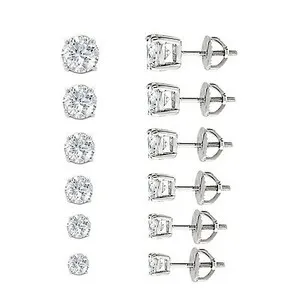 Authentic Ladies White Gold Plated Cubic-Zirconia Round Studs Screw Back Earrings 3-8mm