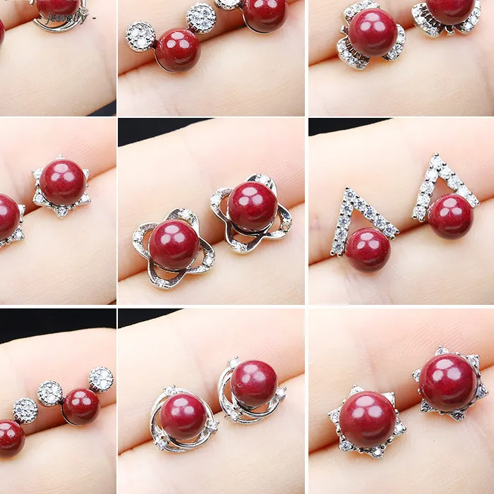 Authentic Natural S925 Silver Purple Sand Inlaid Cinnabar Earrings Charm Lady Jewelry Birthday