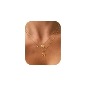 Authentic Celestial Tides: 14K Gold-Plated Shell & Starfish Necklace