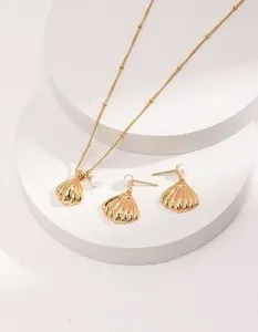 Authentic Seashell Sterling Silver Necklace Earrings Jewelry Set Real 18k Gold Plated