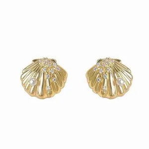 Authentic 14K Gold Plated Shell Pearl Stud Earrings CZ Seashell Earrings Ocean Jewelry B74