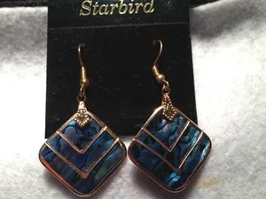 Authentic 24k GOLD PLATED BLUE PAUA ABALONE SEASHELL DANGLE EARRINGS 80's VINTAGE