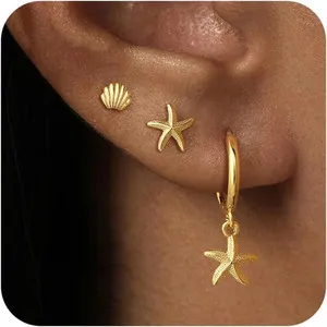 Authentic 14K Gold Plated Seashell Starfish Dangle Earrings Set for Women | Dainty Seashel