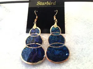 Authentic 24k GOLD PLATED BLUE PAUA ABALONE SEASHELL DANGLE EARRINGS 80's VINTAGE