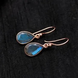 Authentic Natural Labradorite Pear Dangle Earrings Rose Gold Plated Solid Silver Jewelry