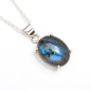 Authentic Natural Labradorite Oval Chain Necklace 925 Sterling Silver Birthstone Jewelry