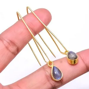 Authentic Labradorite - Madagascar Gold Plated 925 Sterling Silver Earring 2.46" E11