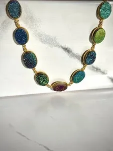 Authentic Gold Plated Sterling Silver Multi Color Druzy Link Station Necklace Rainbow