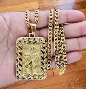Authentic 18K Gold Plated Cuban Link Chain Necklace Rectangle Cross Praying Hands.
