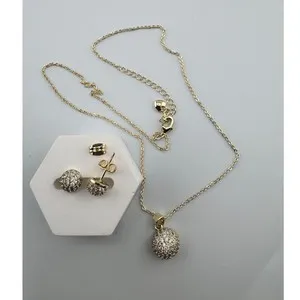 Authentic 14K Gold Plated Crystal Pavé Ball Pendant Necklace and Stud Earrings Set