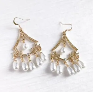 Authentic Boho Chic Shiny Gold Plated Large Fan Chandelier Earrings White Pearl Fringe