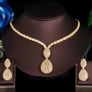 Authentic Women Shiny Gold Plated Drop Earrings Necklace Cubic Zirconia Bridal Jewelry Set