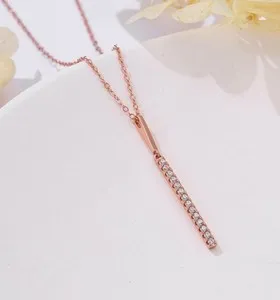 Authentic Shiny CZ set Simple gold-plated Bar Pendant Cable Chain Y-drop Necklace