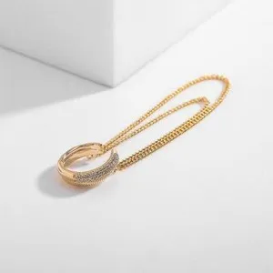 Authentic Shiny Gold Plated CZ Pave Hoop Earring Ear Cuff with Chains Non Piercing Chic