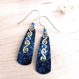 Authentic Adajio Earrings Black & Blue Long Teardrop with Shiny Gold Plated Swirl Unique