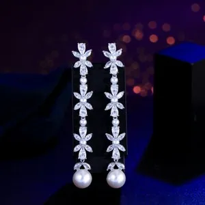 Authentic Shiny White Gold Plated CZ Bridal Costume Long Leaf Flower Pearl Dangle Earrings