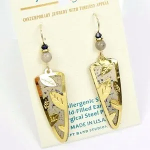 Authentic Adajio Earrings Speckled Beige Trowel Shape with Shiny Gold Plated Leaves 7945
