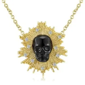 Authentic Shiny Gold Plated 925 Sterling Silver Black Skull in Starburst Pendant Necklace