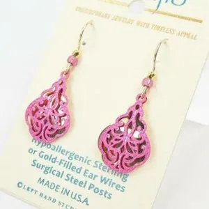 Authentic Adajio Earrings Shiny Gold Plated Teardrop with Pink Swirls Overlay Handmade US