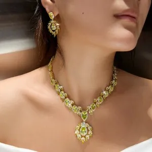 Authentic Women Shiny Gold Plated Leaf Dangle Earrings Necklace Wedding Zircon Jewelry Set