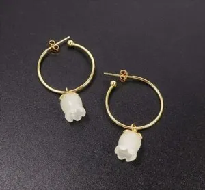 Authentic Shiny Gold Plated Sterling Silver Hoop Earrings Nephrite Jade Bell Flower Unique