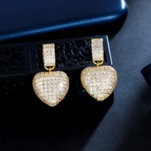 Authentic Shiny Gold Plated Heart Earrings Dangle Drop Cubic Zirconia Women Bridal Jewelry