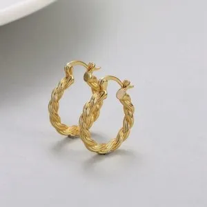 Authentic Shiny Gold Plated 925 Sterling Silver Twist Rope Hoop Earrings Chic Classic