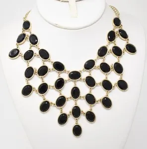 Authentic 16" Gold Plated Classic Shiny Black Oval Cabochon Mesh Bib Chain Choker Necklace