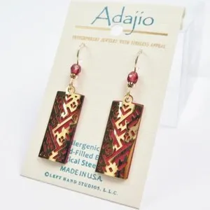 Authentic Adajio Earrings Shiny Gold Plated Geometric Design Over Red Column Handmade 7902