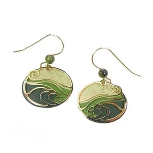 Authentic Adajio Earrings Moss Green Oval with Shiny Gold Plated 'Waves' Overlay Unique