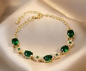 Authentic Shiny Gorgeous Green Emerald Zircon Gold Plated Adjustable Tennis Bracelet