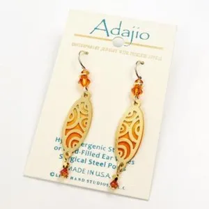 Authentic Adajio Earrings Orange Oval with Shiny Gold Plated Circles Overlay and Beads