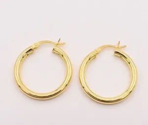 Authentic 3mm X 25mm 1" All Shiny Plain Hoop Earrings 14K Yellow Gold Gold-Plated 925