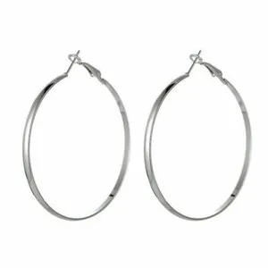 Authentic Silver White Gold Plated Smooth & Shiny Flat Band Round 50mm 2.2" Hoop Earrings