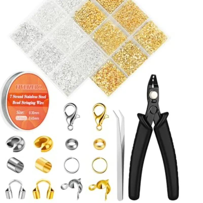 Authentic 1950 Pcs Jewelry Making Cord End Kit, Crimp Tube Beads with Organizer Box, Includes Crimp Beads, Cover, Lobster Clasp, Jump Rin