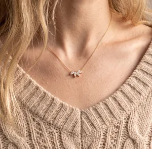 Authentic 14K Gold Plated CZ Marquise Leaf Pendant Necklace Women