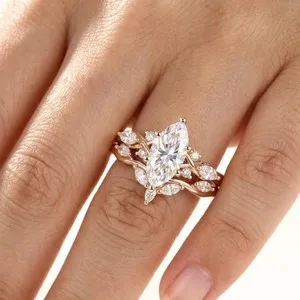 Authentic 2 CT Marquise Moissanite Leaf Bridal Set Engagement Ring Rose Gold Plated 925