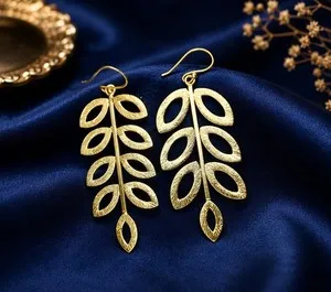 Authentic 🌿 925 Sterling Silver Gold Plated Leaf Dangle Earrings for Women