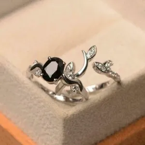 Authentic Bridal Wedding Leaf Ring Set 2Ct Simulated Black Diamond 14K White Gold Plated