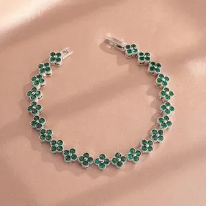 Authentic 9Ct Round Cut Lab-Created Emerald Leaf Clover Bracelet 14K White Gold Plated
