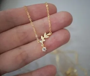 Authentic Womens Pretty Leaf Branch Pendant Round Simulated Diamond 14k Yellow Gold Plated