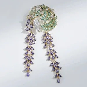 Authentic 18K Gold Plated Curved Leaf Brooch, Zircon Long Tassel Luxury Party Lapel Pin