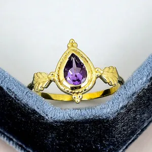 Authentic Majestic Nature's Solace: 18K Gold Plated Amethyst Pear Ring