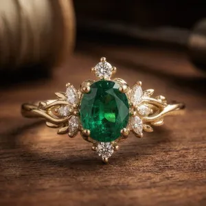 Authentic 925 Silver Oval Cut Emerald & Moissanite Prong Ring, Gold Plated Leaf Band Ring