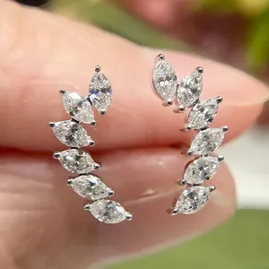 Authentic Marquise Cut Moissanite Wing Stud Earrings 14K White Gold Plated Leaf Climber